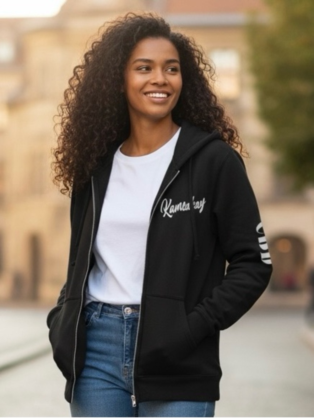 Makers Market Black Zip Hoodie with Script Chest and Sleeve Print
